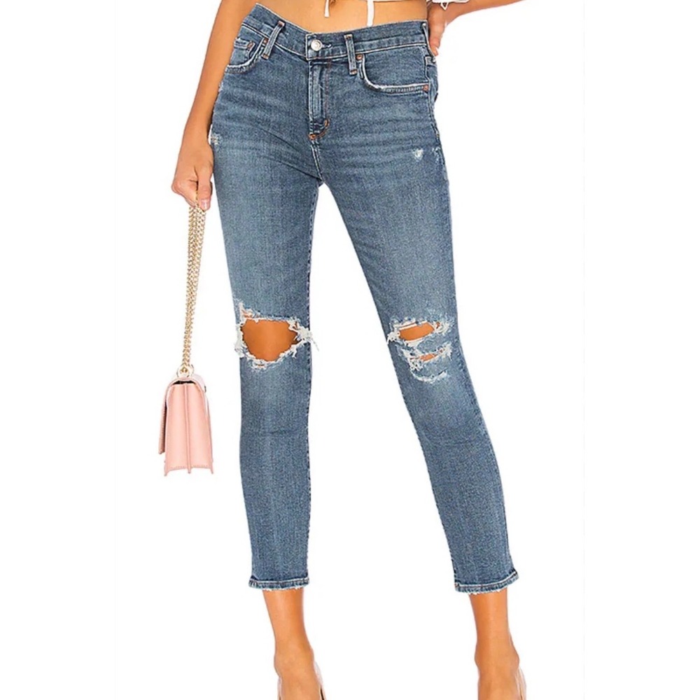 AGOLDE Sophie Mid Rise Skinny Crop Distressed Jeans Blue Womens 26